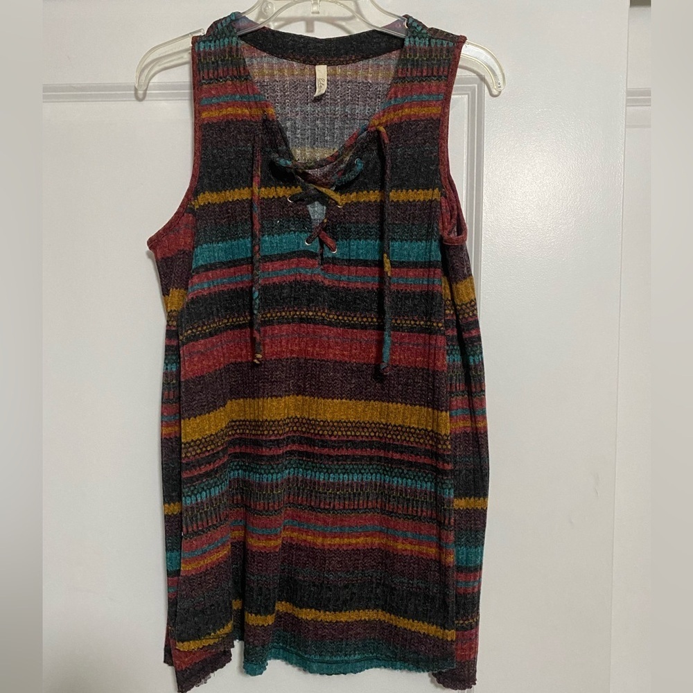 Elan Cold shoulder striped lace up sweater
